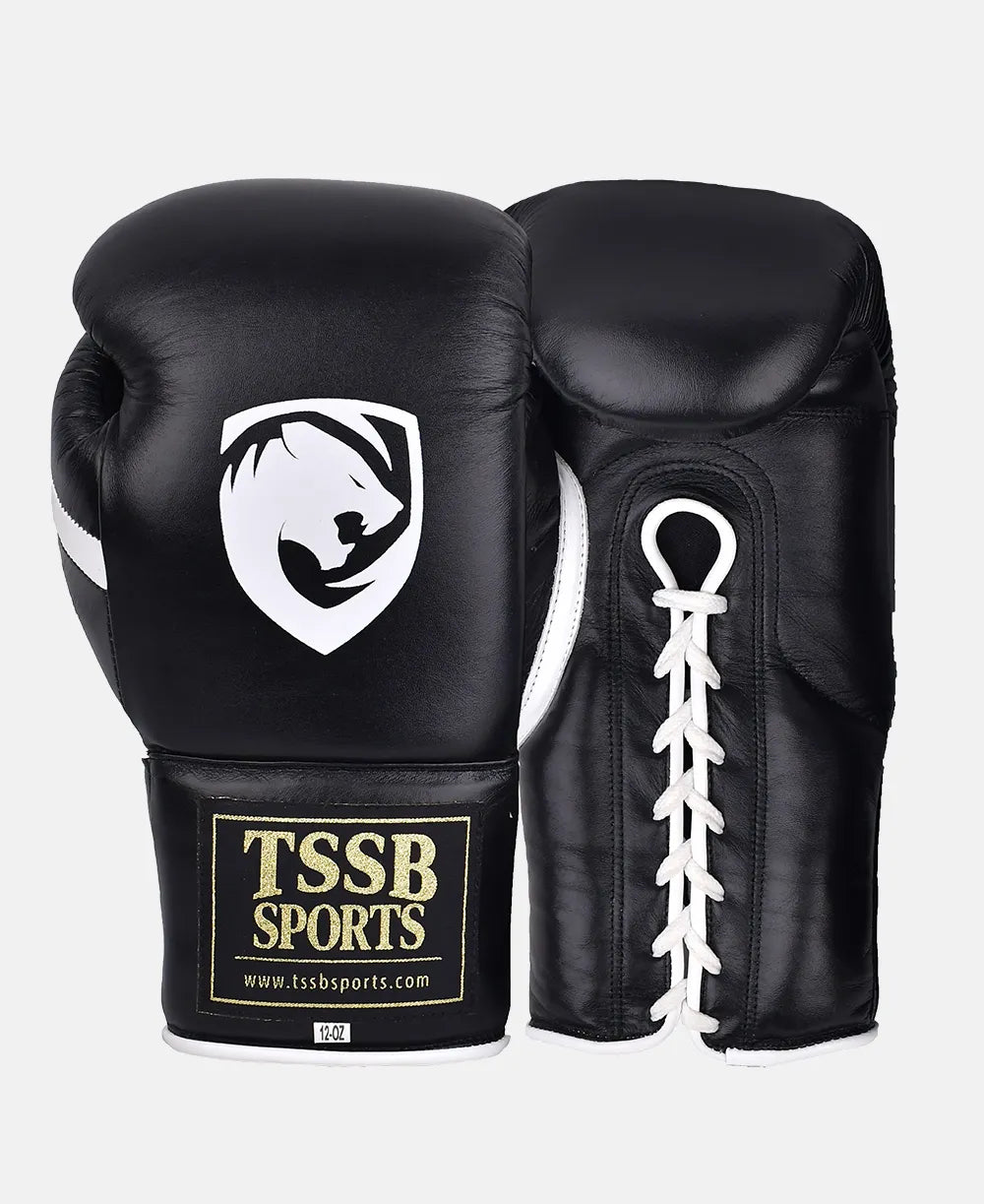 Lace-Up Black Boxing Gloves – White Logo, White Thumb Strip Edition