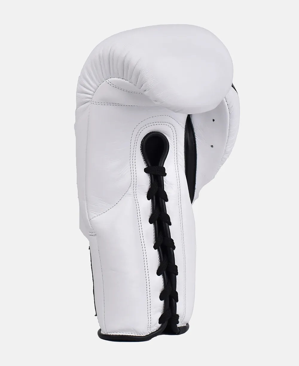 Lace-Up White Boxing Gloves – Black Logo, Black Thumb Strip Edition