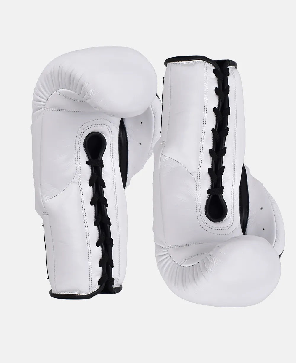 Lace-Up White Boxing Gloves – Black Logo, Black Thumb Strip Edition