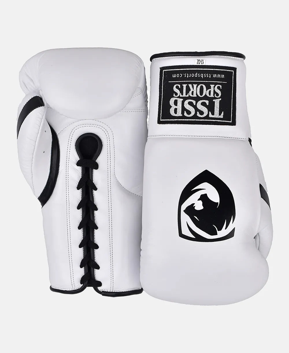 Lace-Up White Boxing Gloves – Black Logo, Black Thumb Strip Edition