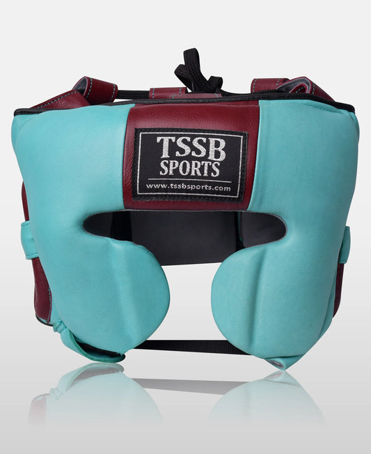 Premium Leather Head Guard in Teal and Burgundy for Kickboxing