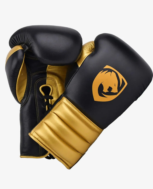 Professional Black & Gold Boxing Gloves – Genuine Leather, Plain Texture