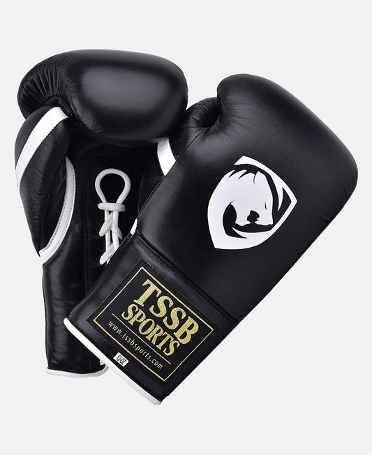 Lace-Up Black Boxing Gloves – White Logo, White Thumb Strip Edition