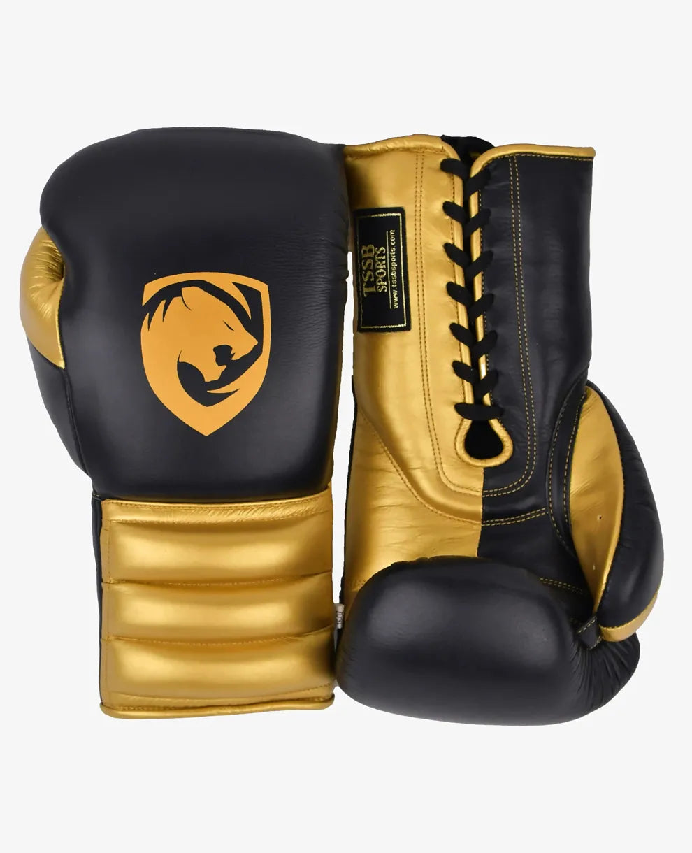 Professional Black & Gold Boxing Gloves – Genuine Leather, Plain Texture