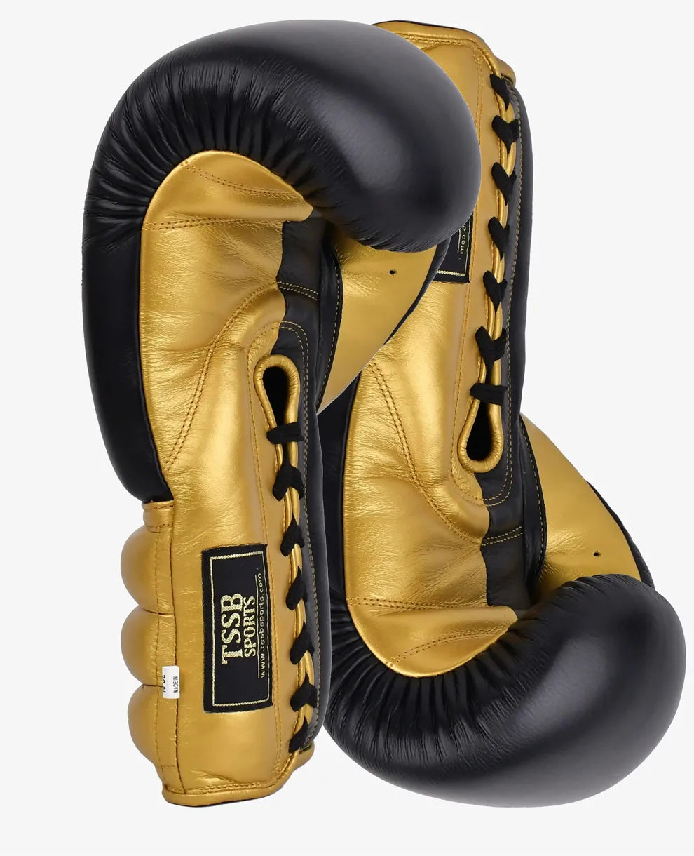 Professional Black & Gold Boxing Gloves – Genuine Leather, Plain Texture