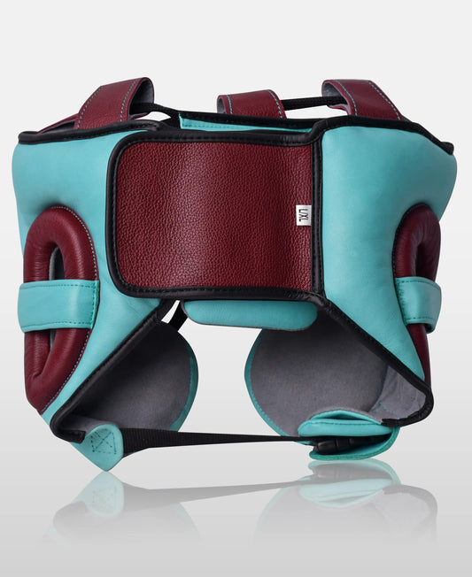 Premium Leather Head Guard in Teal and Burgundy for Kickboxing