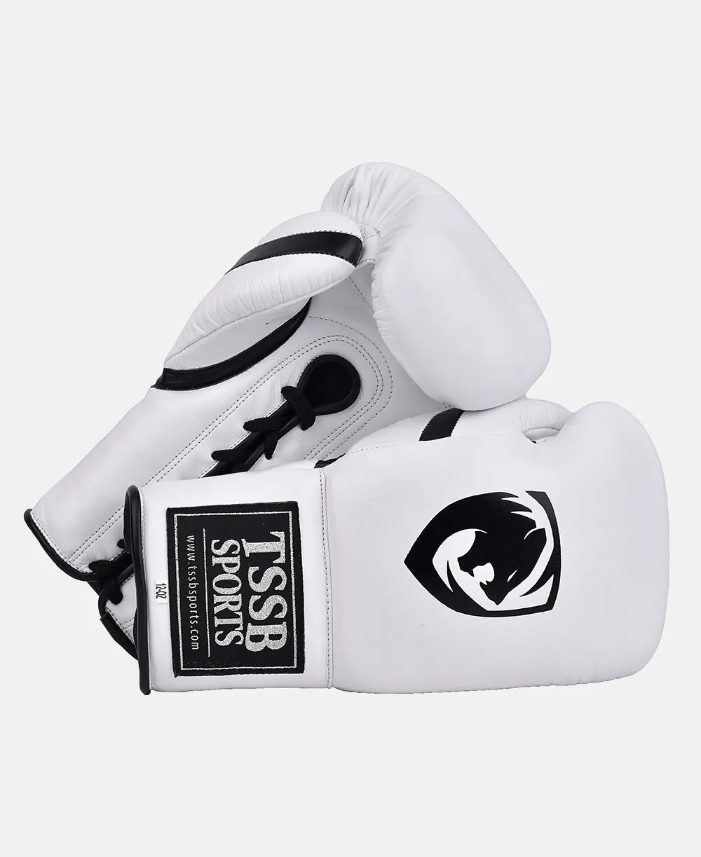 Lace-Up White Boxing Gloves – Black Logo, Black Thumb Strip Edition
