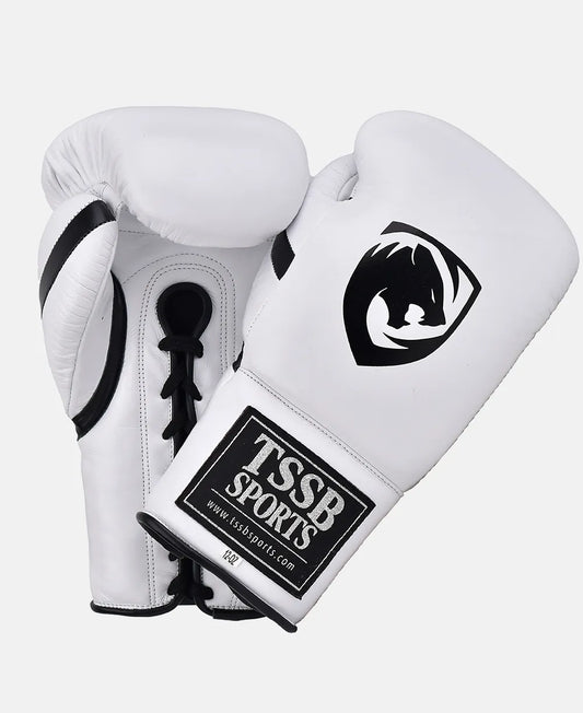 Lace-Up White Boxing Gloves – Black Logo, Black Thumb Strip Edition