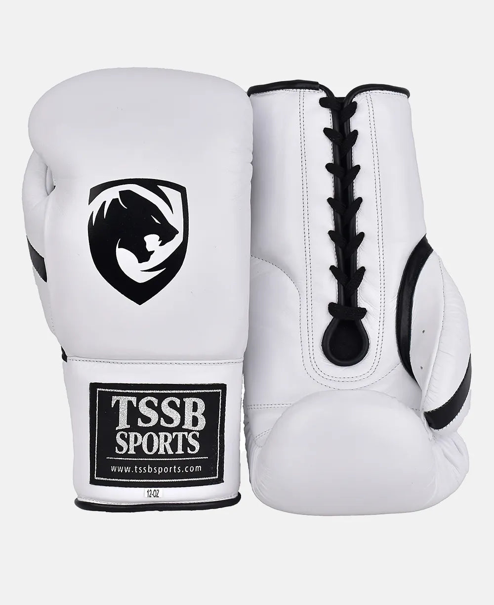 Lace-Up White Boxing Gloves – Black Logo, Black Thumb Strip Edition