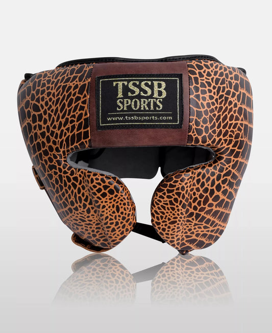 Crocodile-Texture Brown Leather Kickboxing Head Guard