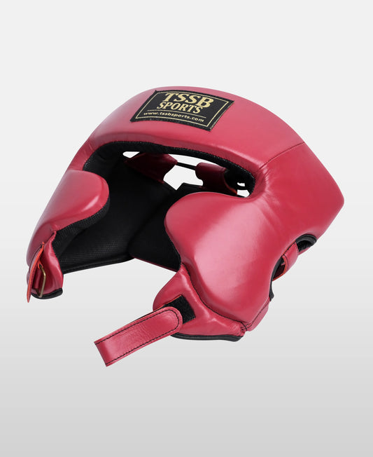 Red Leather Kickboxing Headgear – Durable Sparring Protection
